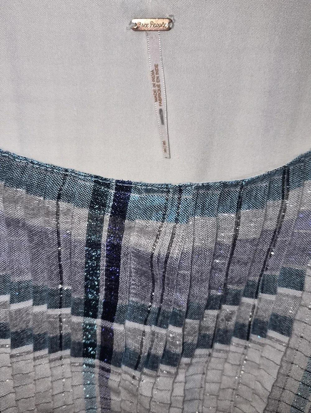 Free People White Smocked Square-Neck Mini Dress with Blue Metallic Stripes